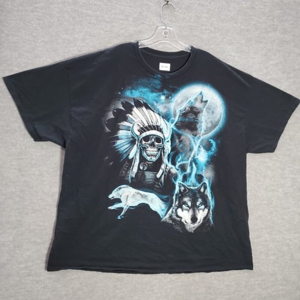 Navajo Skull Chief Men Shirt 2XL Black Night Howling Wolf Graphic Short Sleeve‎